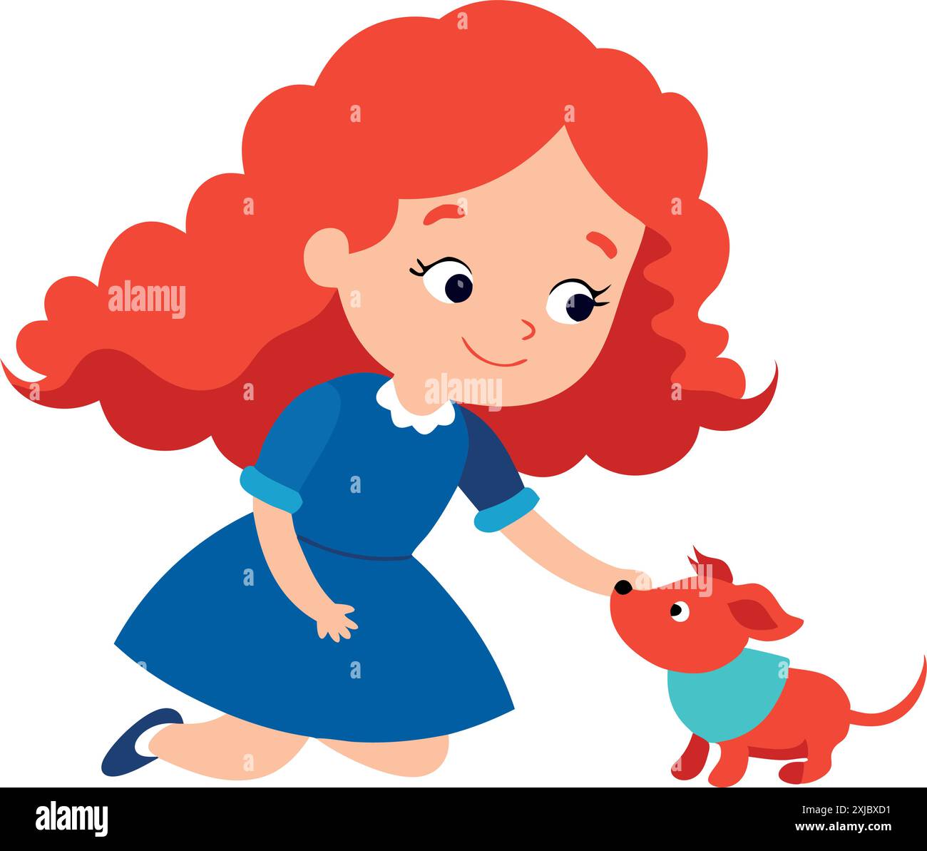 Petite fille en robe bleue jouant avec le chat rouge Illustration de Vecteur