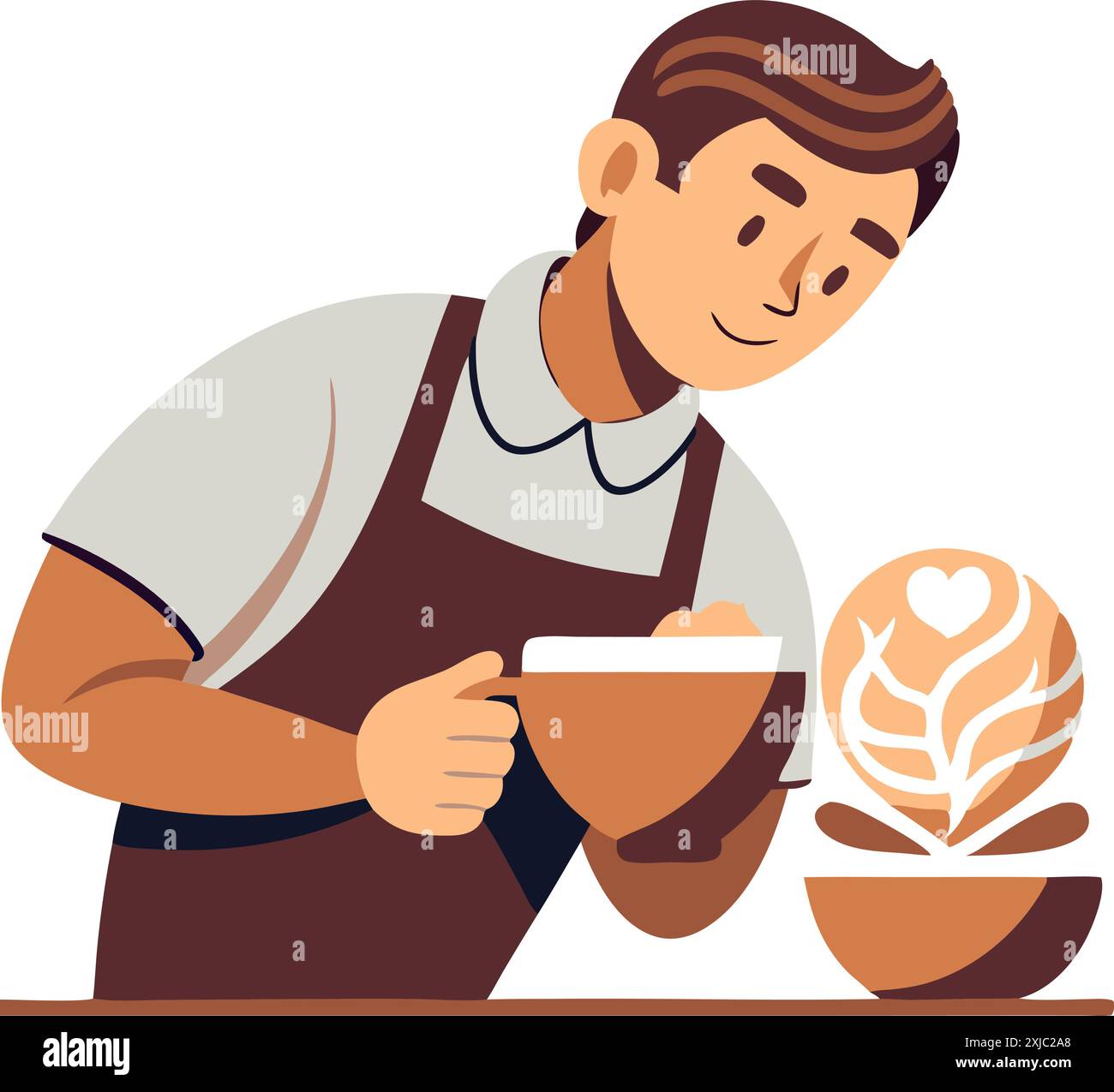 Illustration d'un barista créant de l'art latte avec un design de coeur dans un café. Parfait pour les visuels des cafés et les supports de formation des barista. Illustration de Vecteur