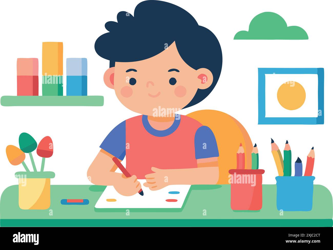 Illustration d'un dessin d'enfant mignon à un bureau avec des crayons colorés et des décorations dans une pièce joyeuse. Illustration de Vecteur