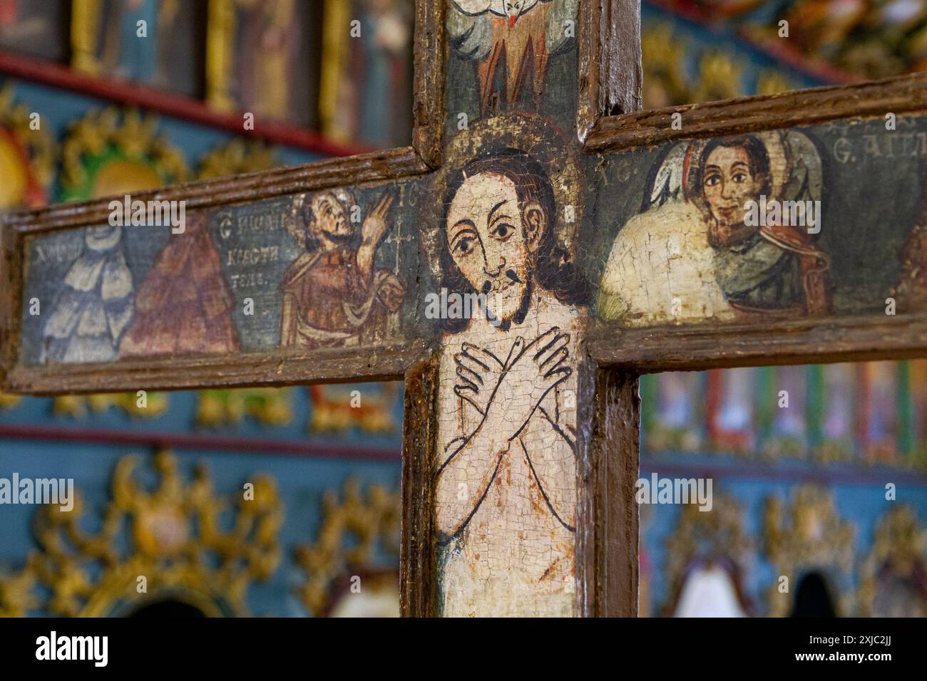 Une icône byzantine représentant Jésus Christ crucifié. Exposé dans un musée à Bardejov, Slovaquie. Banque D'Images Une icône byzantine représentant Jésus Christ crucifié. Exposé dans un musée à Bardejov, Slovaquie. Banque D'Images