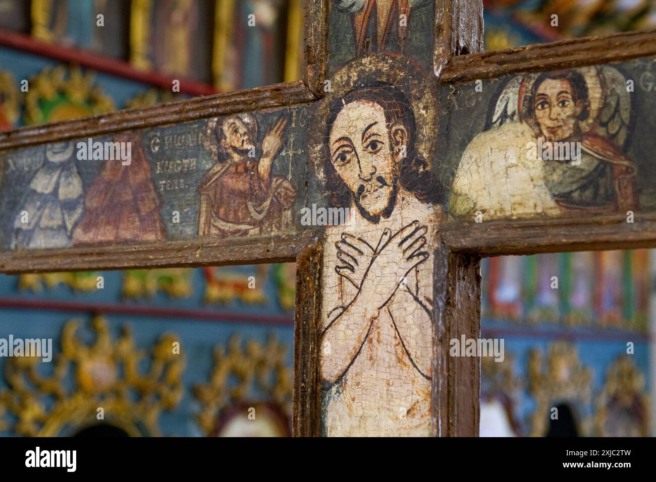 Une icône byzantine représentant Jésus Christ crucifié. Exposé dans un musée à Bardejov, Slovaquie. Banque D'Images Une icône byzantine représentant Jésus Christ crucifié. Exposé dans un musée à Bardejov, Slovaquie. Banque D'Images