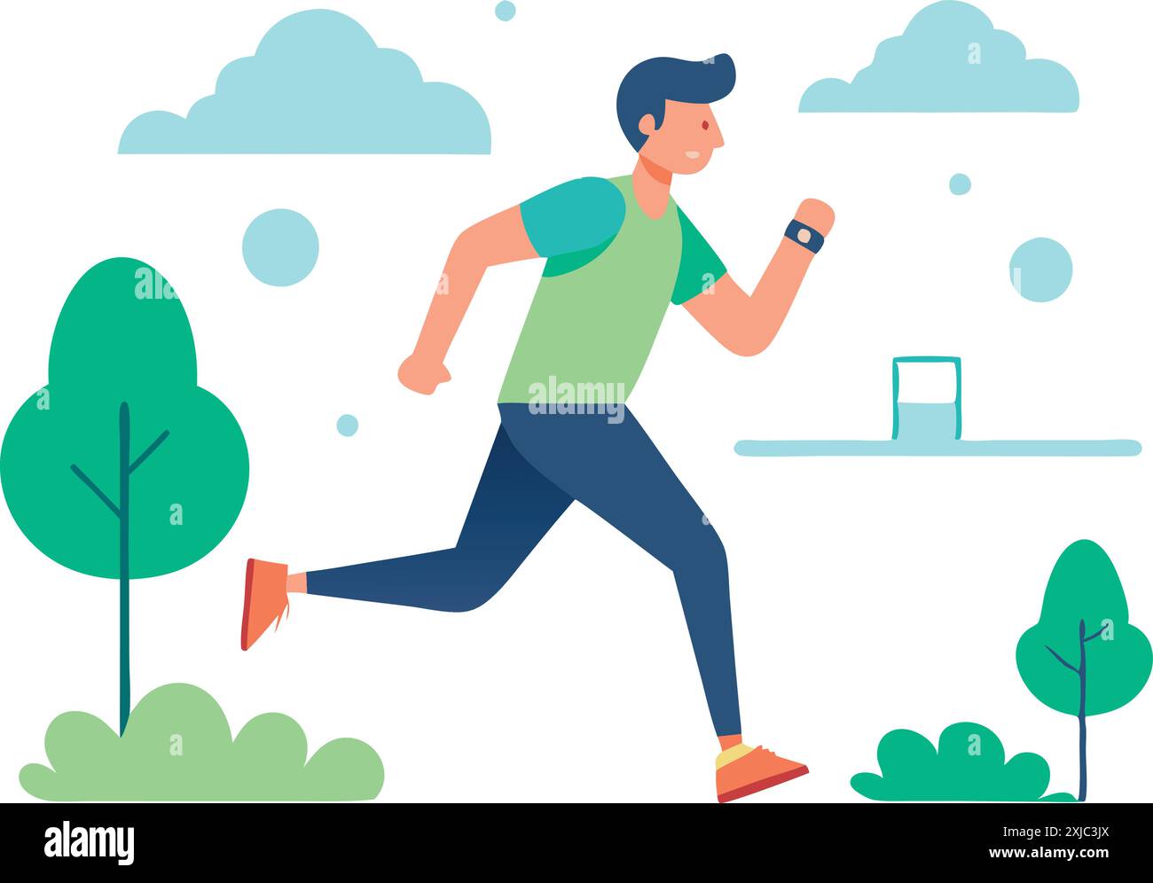 Illustration d'un jeune homme courant à l'extérieur, portant un tracker de fitness, entouré d'arbres et de nuages, représentant la santé et la forme physique dans la nature. Illustration de Vecteur