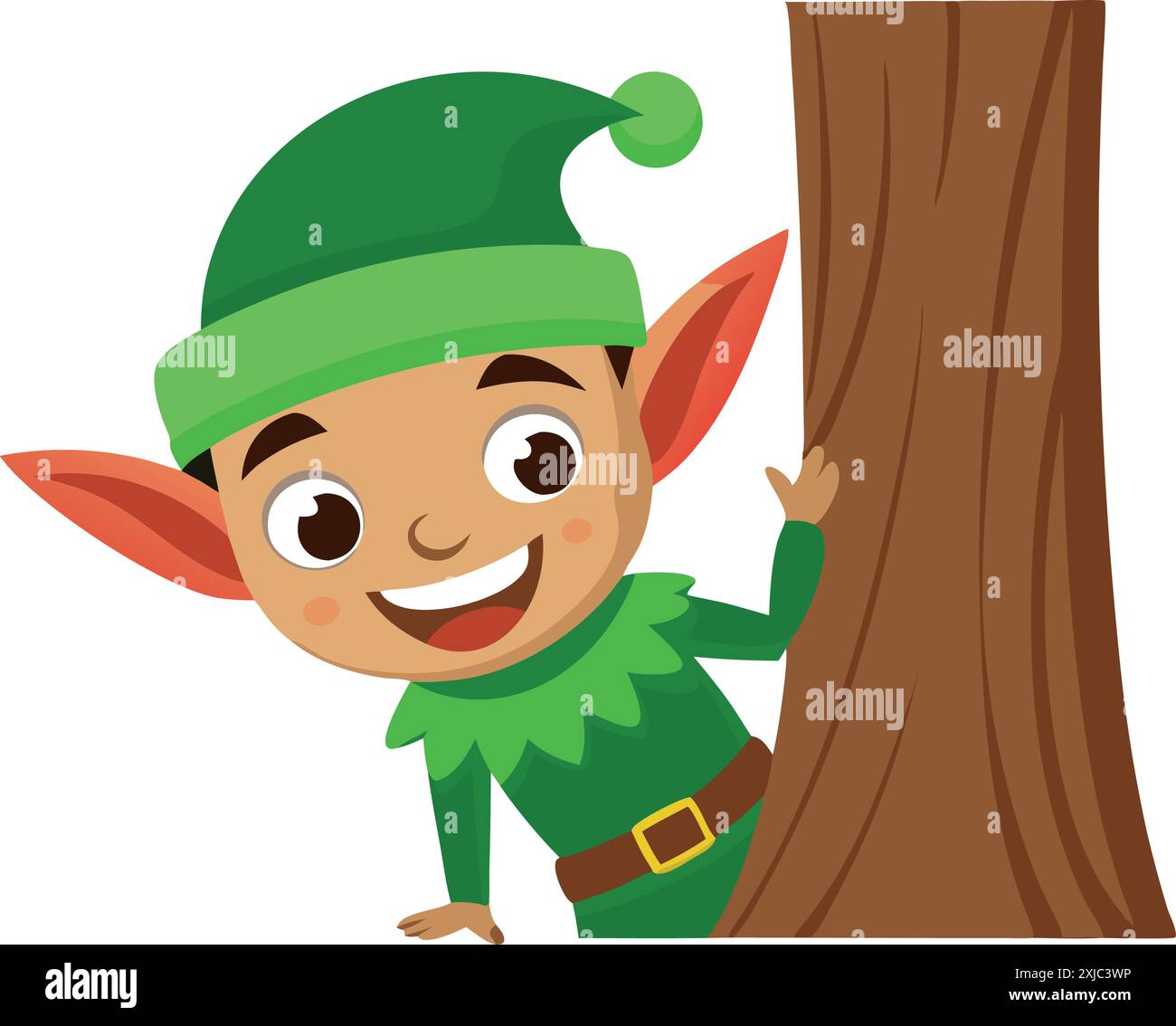 Adorable elfe de Noël regardant joyeusement de derrière un arbre, illustration de style dessin animé parfait pour les thèmes de vacances et les motifs festifs. Illustration de Vecteur