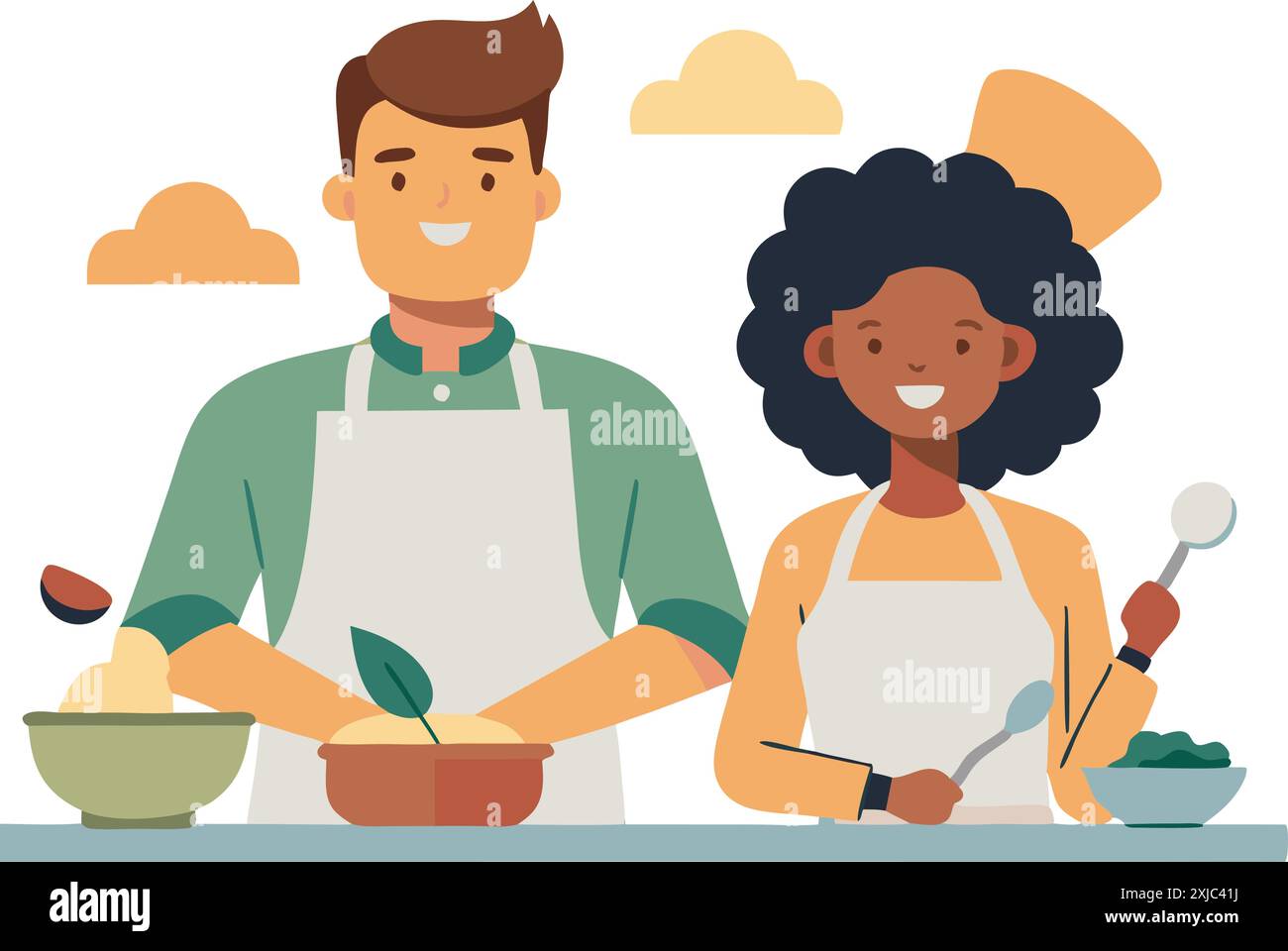 Une illustration colorée de deux chefs joyeux dans des tabliers, préparant joyeusement la nourriture ensemble dans un environnement de cuisine. Illustration de Vecteur