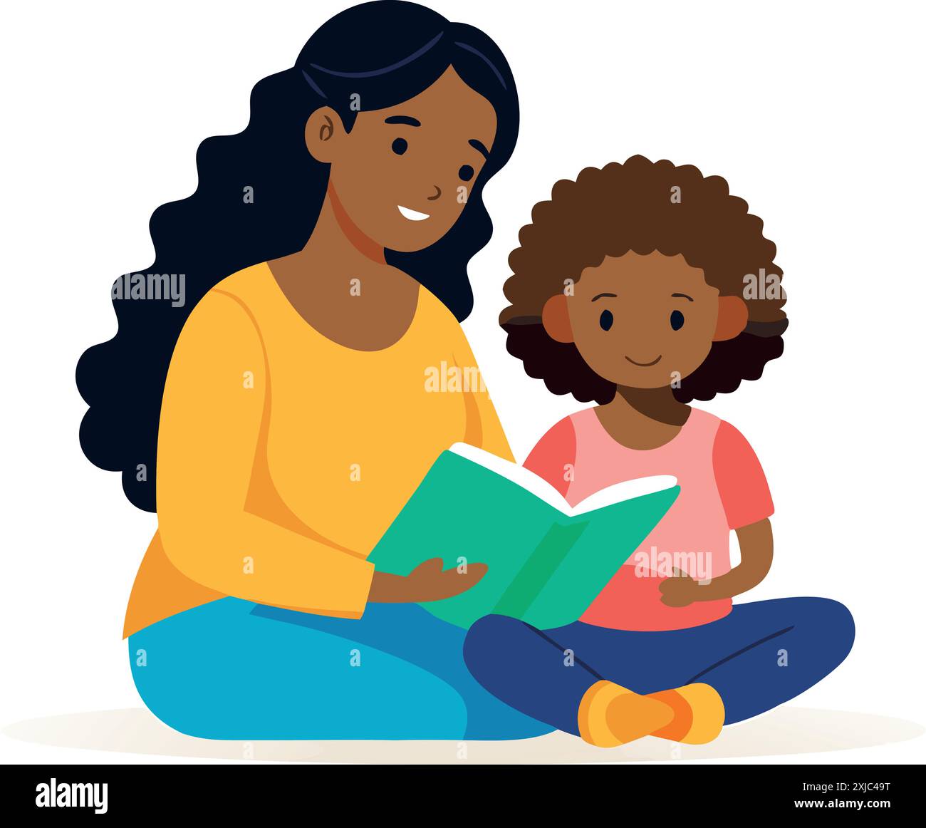 Illustration d'une mère lisant un livre à son enfant, dépeignant les liens familiaux, l'unité et l'éducation dans un cadre réconfortant et nourrissant. Illustration de Vecteur