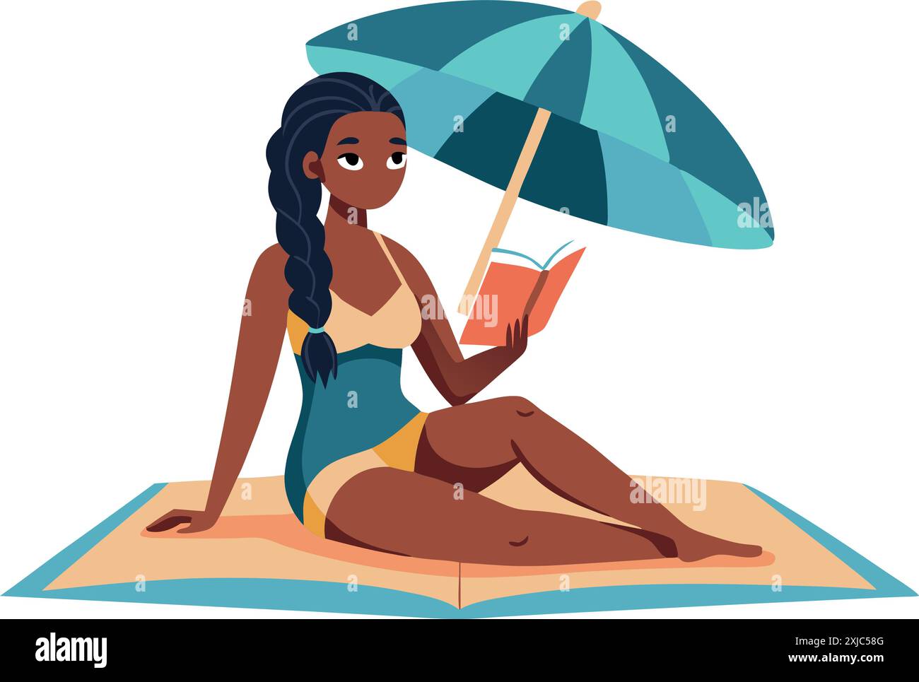 Illustration d'une femme se relaxant sur la plage, assise sur une couverture et lisant un livre sous un parapluie. Illustration de Vecteur