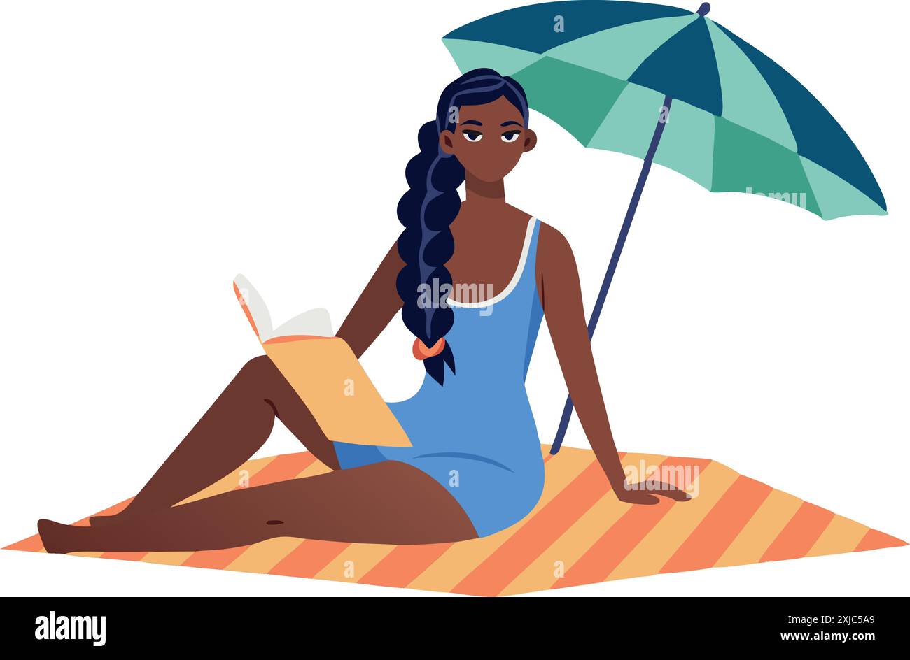 Illustration vectorielle d'une femme assise sur une serviette de plage, lisant un livre sous un parasol Illustration de Vecteur