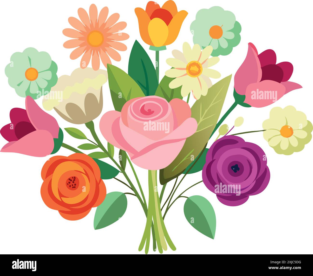 Illustration vectorielle lumineuse et vibrante d'un bouquet avec diverses fleurs en pleine floraison, créant une composition joyeuse et vivante. Illustration de Vecteur