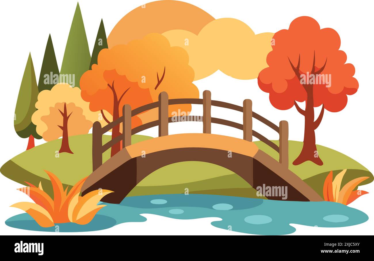 Belle scène d'automne avec un pont en bois sur une rivière, entouré par le feuillage d'automne vibrant et la nature sereine. Illustration de Vecteur