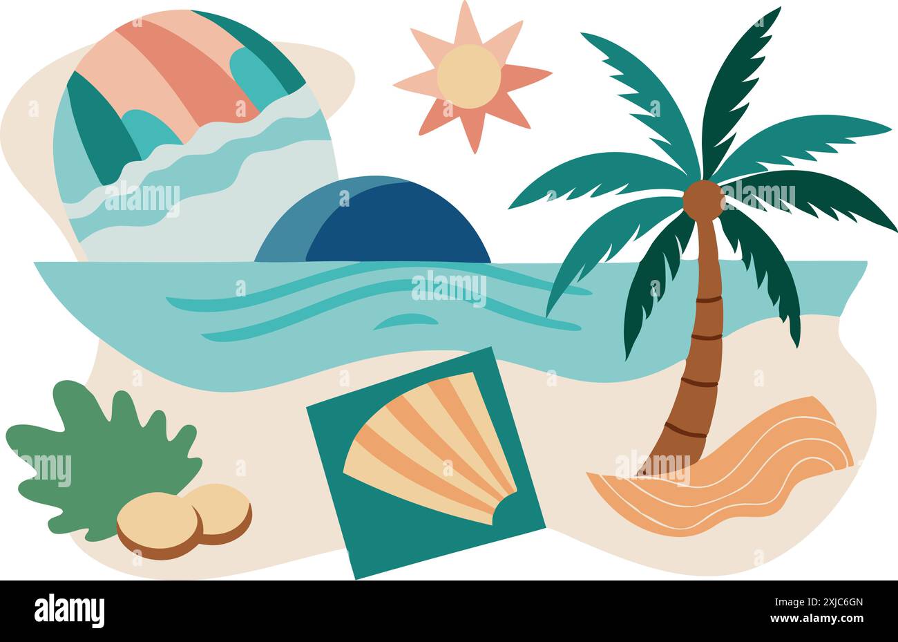 Scène de plage tropicale avec coquillages et palmiers Illustration de Vecteur