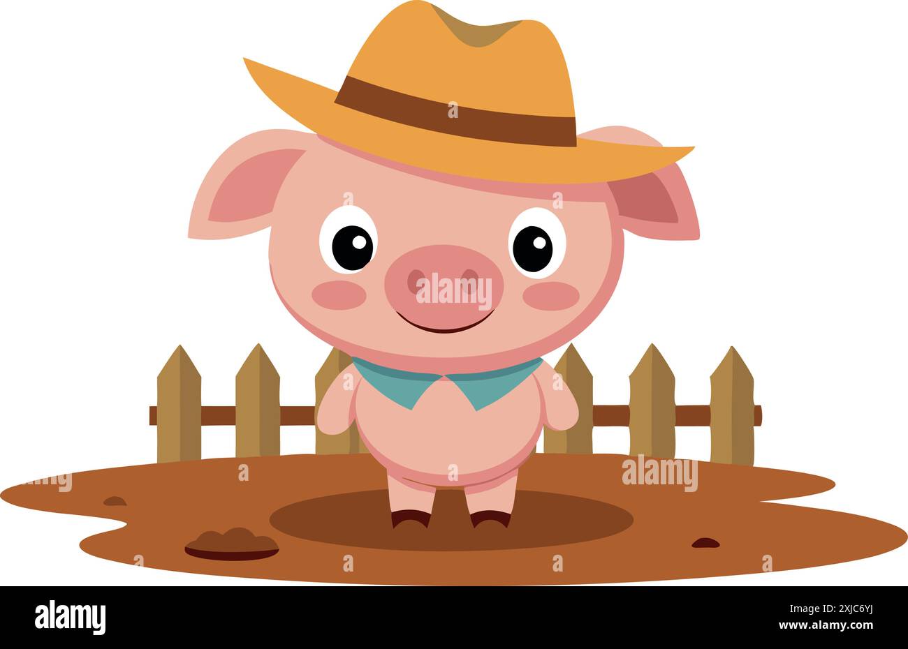 Adorable cochon de dessin animé avec un chapeau et un bandana debout heureusement devant une clôture en bois, représentant une charmante scène de ferme. Illustration de Vecteur