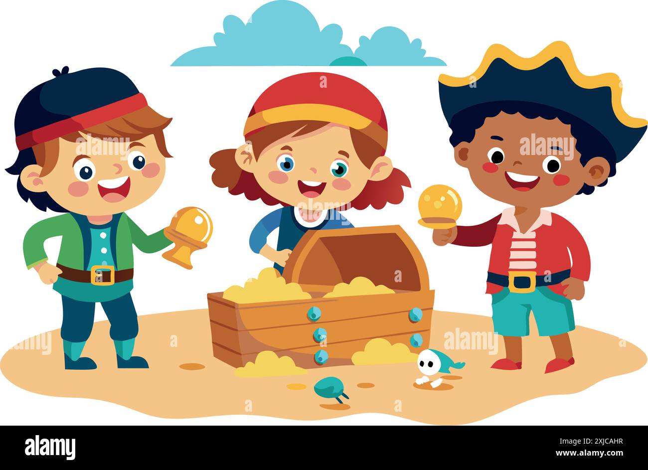 Illustration d'enfants heureux habillés en pirates trouvant un coffre au trésor sur une île de sable. Amusement, aventure et thème d'exploration pour les enfants. Illustration de Vecteur