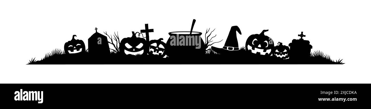 Bordure de cadre d'Halloween et diviseur avec des silhouettes vectorielles de citrouilles d'horreur, chapeau de sorcière, pierre tombale et croix de cimetière, chaudron de potion de sorcière et sp Illustration de Vecteur
