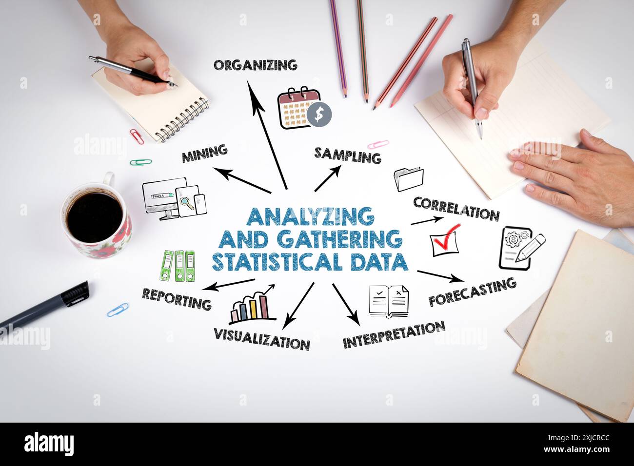 Analyse et collecte de données statistiques concept. La réunion à la table blanche du bureau. Banque D'Images