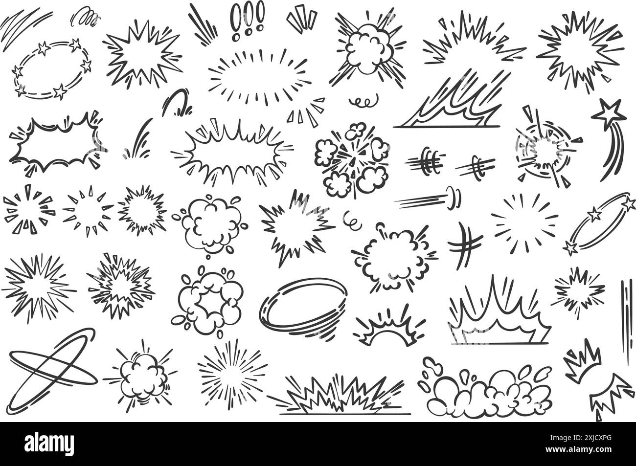 Effets de lignes de dessin animé et étincelles. Vecteur comique doodle dessiné à la main éclaboussures éclatent et des éléments d'explosion. Esquisse de mouvement de rampe et de bang. Illustration de Vecteur