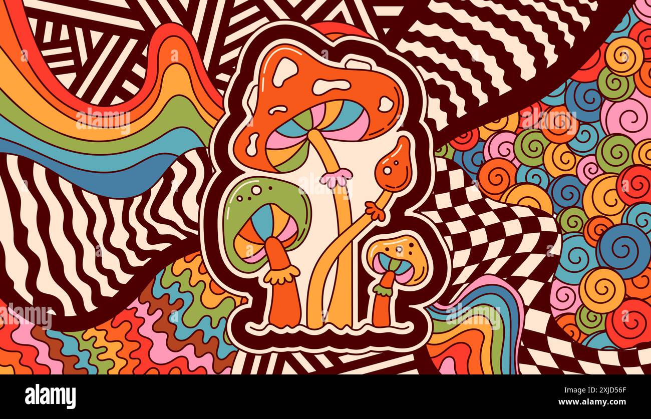 Coloriage avec champignons psychédéliques et agarique de mouche. Illustration de Vecteur