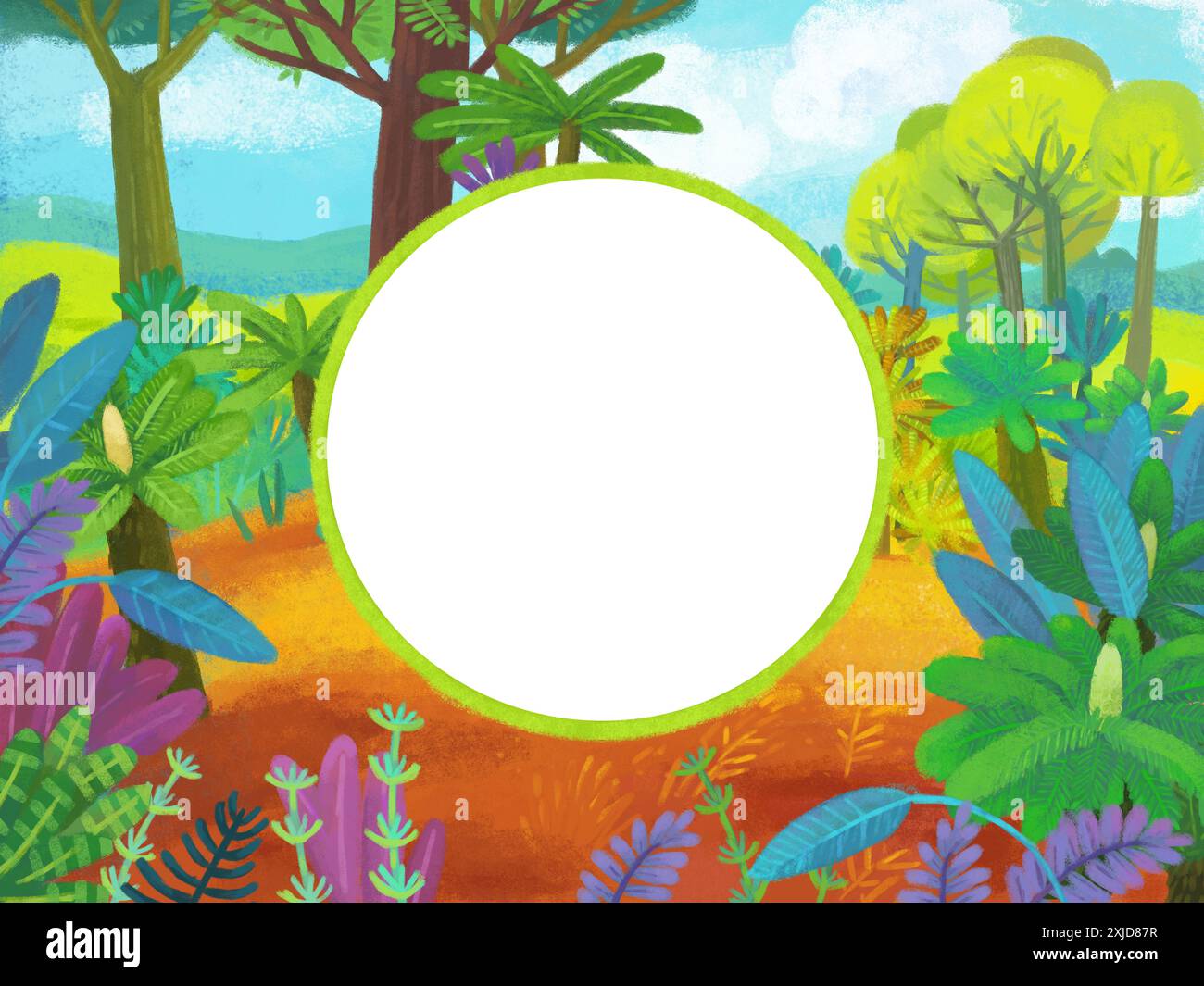 scène de nature de dessin animé comme modèle de bordure de cadre avec illustration de forêt de jungle pour les enfants Banque D'Images