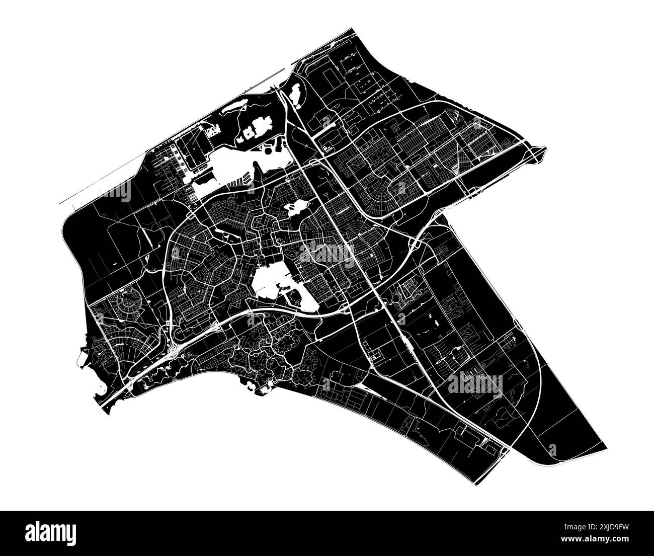 Carte de Almere, pays-Bas. Carte vectorielle détaillée de la ville, zone métropolitaine. Carte des rues en noir et blanc avec routes et eau. Illustration de Vecteur