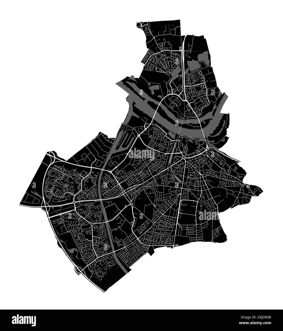 Carte de Nijmegen, pays-Bas. Carte vectorielle détaillée de la ville, zone métropolitaine. Carte des rues en noir et blanc avec routes et eau. Illustration de Vecteur
