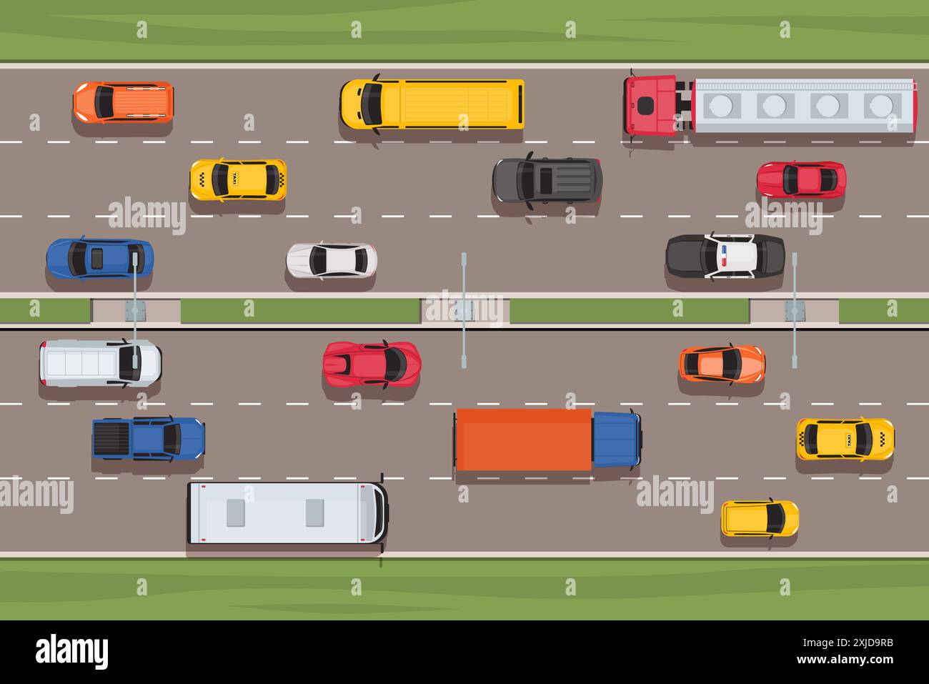 Vue de dessus de la circulation de l'échangeur routier. Rue de la ville avec des voitures. Autoroute droite à trois voies avec des marques de lignes brisées. Vitesse de transport en mouvement. Urbain Illustration de Vecteur