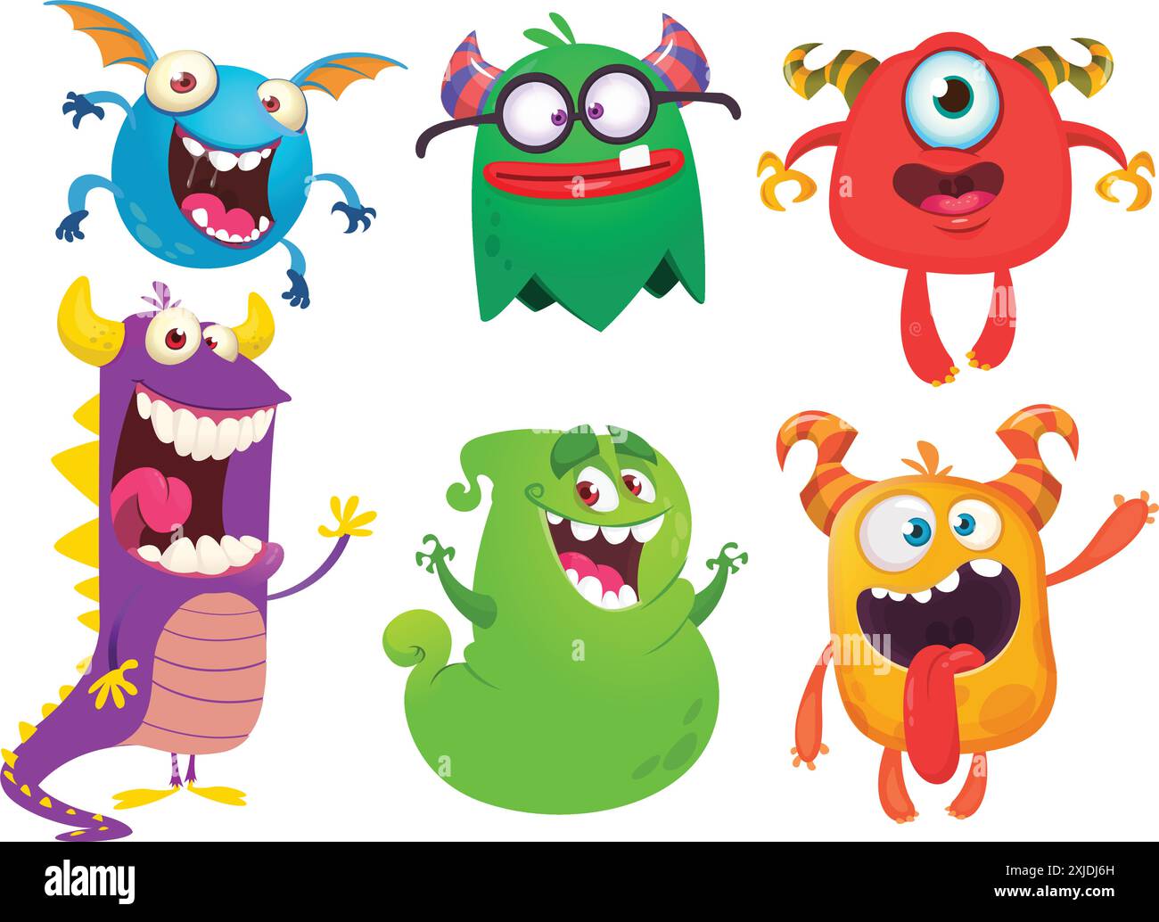 Monstres de dessin animé mignons. Ensemble vectoriel de monstres de bande dessinée : fantôme, gobelin, bigfoot yéti, troll et alien. Personnages d'Halloween isolés. Illustration de Vecteur