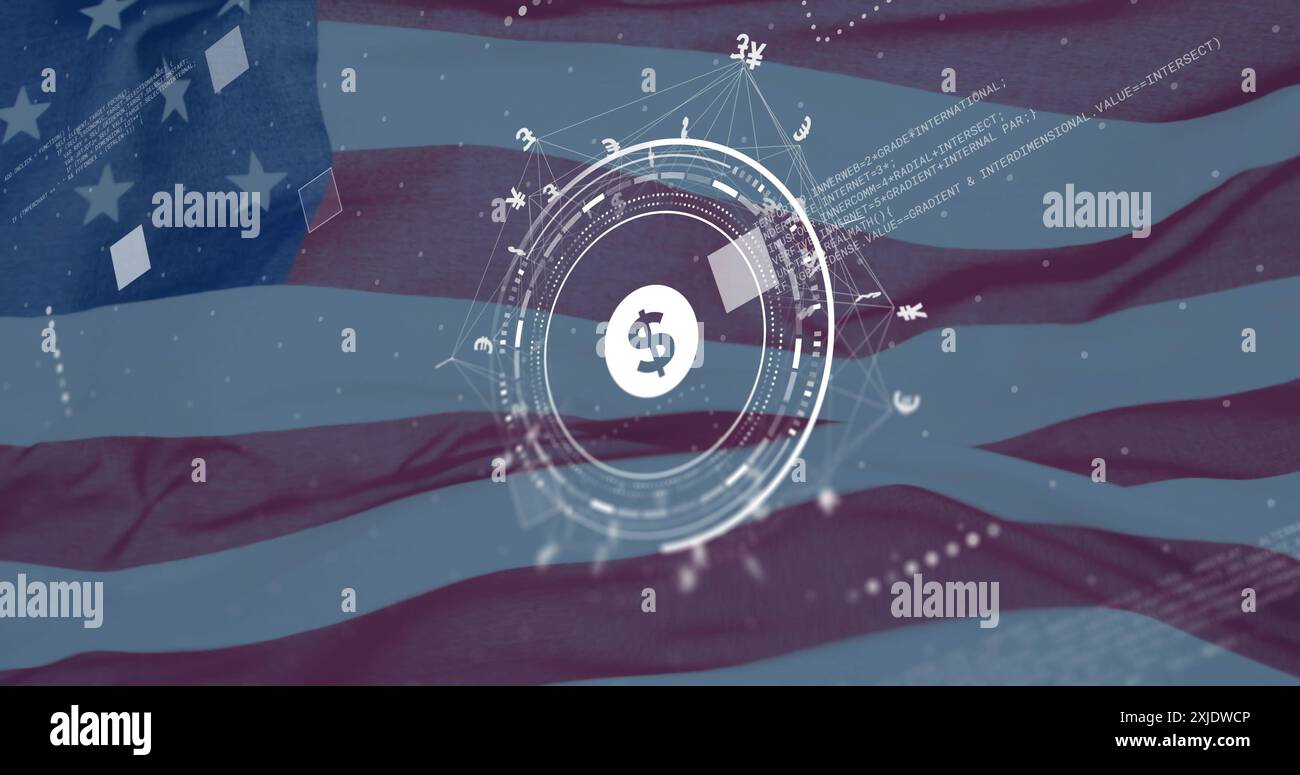 Image du symbole du dollar et des données sur le drapeau des états-unis Banque D'Images