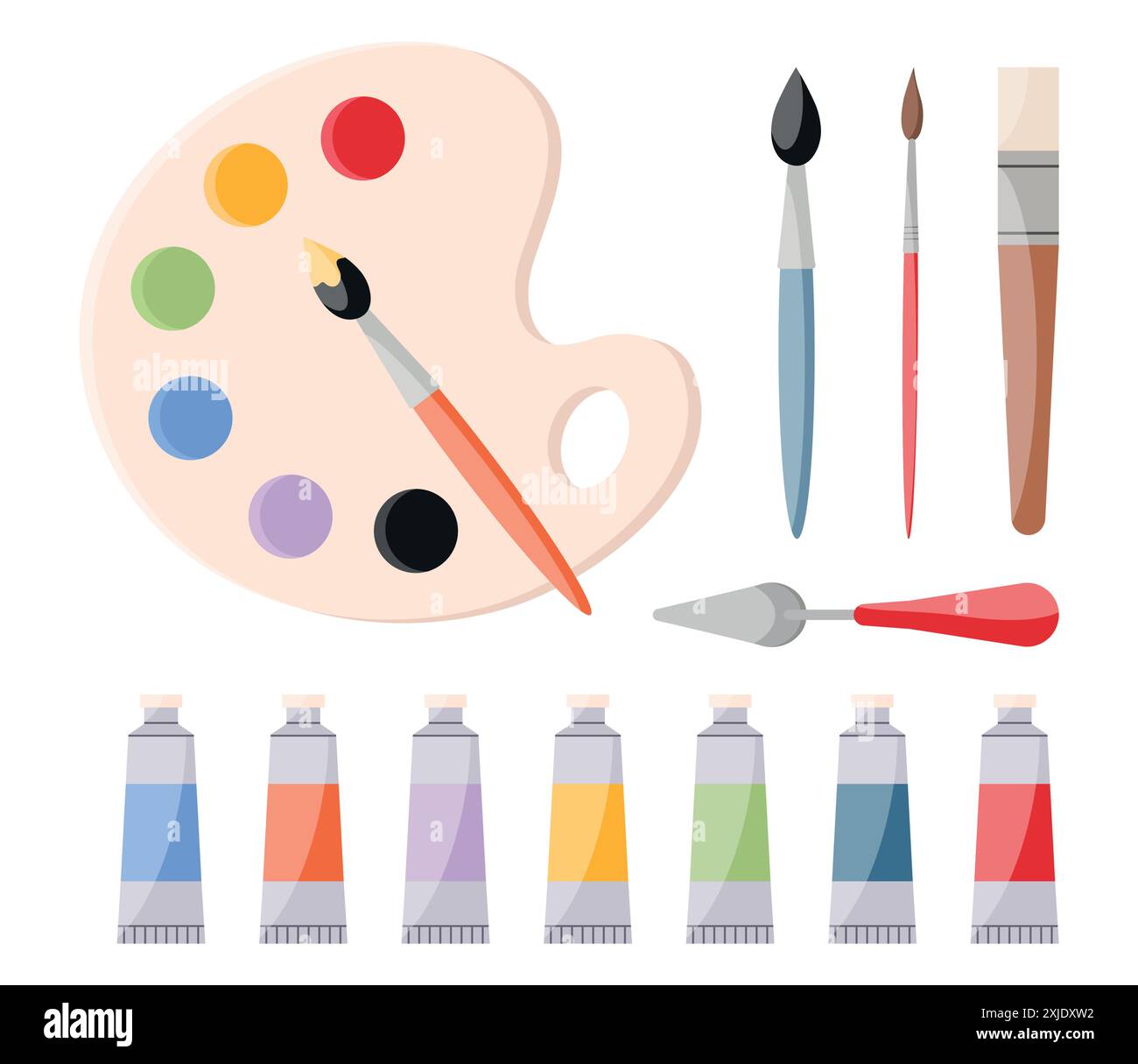 Outils de peinture, ensemble de fournitures d'art. Peintures, tubes de peinture, pinceaux, couteau à palette, palette d'aquarelle. Icônes d'équipement d'artiste. Illustration vectorielle Illustration de Vecteur