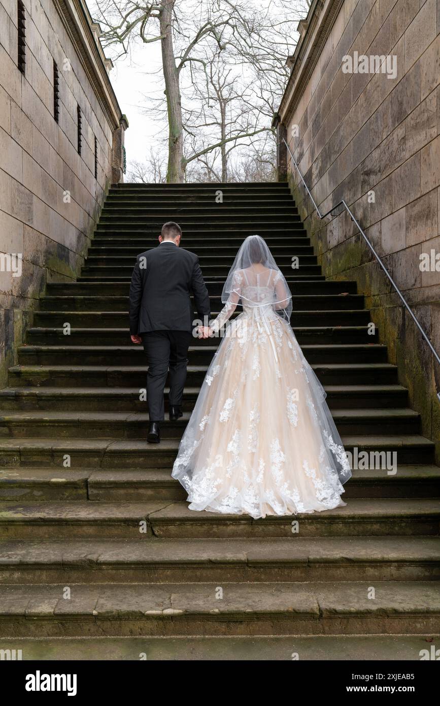 La mariée et le marié marchent le long des marches de pierre d'un ancien bâtiment, un palais. Vue arrière, depuis l'arrière. La mariée porte un beau lon Banque D'Images