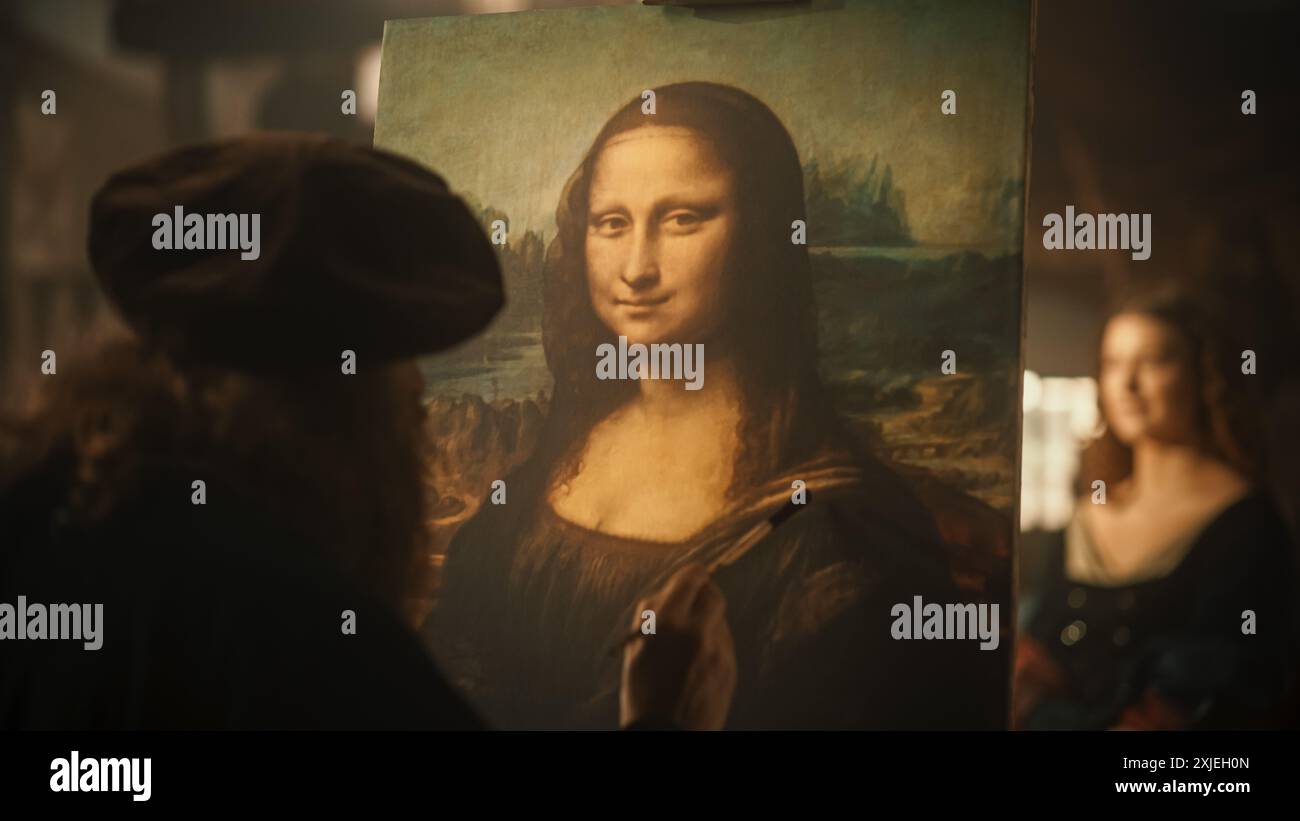 Gros plan sur la peinture de la Joconde créée par Léonard de Vinci dans son atelier. Figure historique de l'époque Renaissance et peintre ajoutant doucement des détails à son chef-d'œuvre sur la toile Banque D'Images