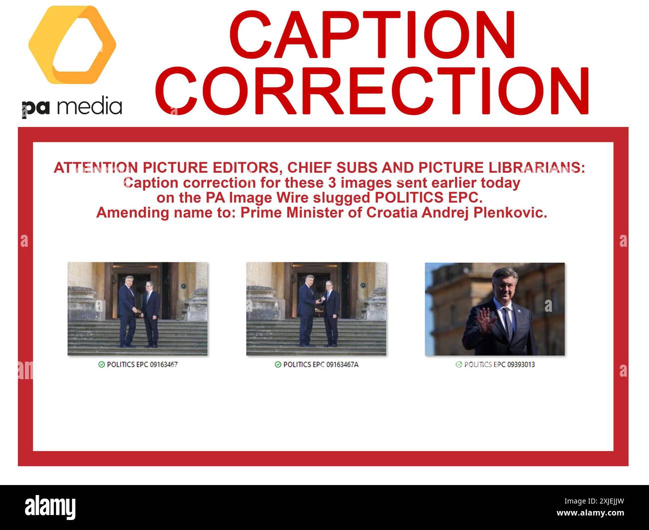 ATTENTION AUX ÉDITEURS D'IMAGES, aux SOUS-TRAITANTS EN CHEF ET AUX BIBLIOTHÉCAIRES D'IMAGES : correction de légende pour ces 3 images envoyées plus tôt aujourd'hui sur le PC de PA image Wire Slugged POLITICS. Nom modifié en : premier ministre de Croatie Andrej Plenkovic. La légende correcte devrait être la suivante : le premier ministre croate Andrek Plenkovic est accueilli par le premier ministre Sir Keir Starmer au sommet de la Communauté politique européenne au Palais de Blenheim à Woodstock, Oxfordshire. Date de la photo : jeudi 18 juillet 2024. Banque D'Images