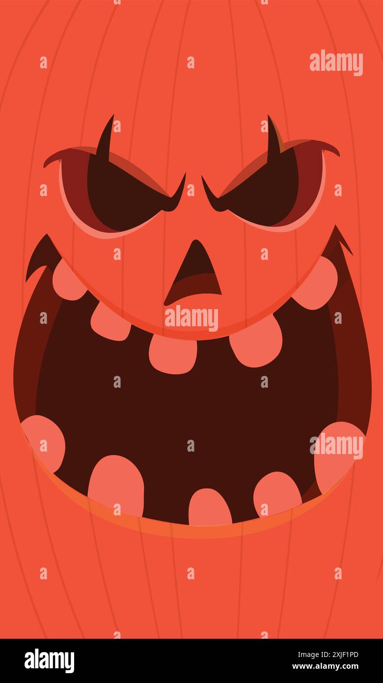 Tête de citrouille Halloween avec expression faciale effrayante. Illustration de dessin animé vectoriel de la conception lumineuse de personnage de monstre Jack-o-Lantern avec émotion sculptée Illustration de Vecteur