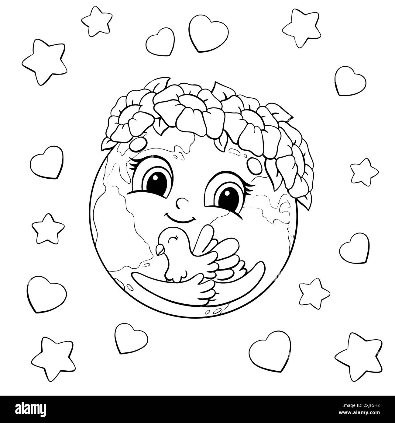 Mignonne planète Terre dans une couronne de fleurs tient une colombe dans ses mains. Page de livre de coloriage pour les enfants. Personnage de style dessin animé. Illustration vectorielle isolée Illustration de Vecteur