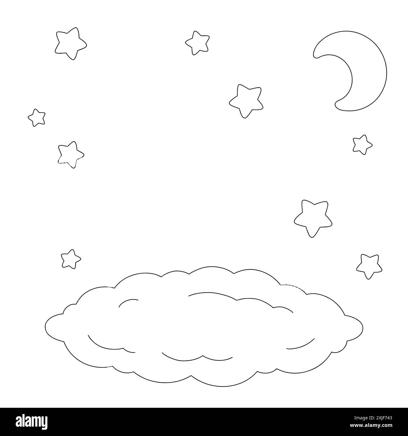Scène avec nuage et étoiles. Page de livre de coloriage pour les enfants. Style dessin animé. Illustration vectorielle isolée sur fond blanc. Illustration de Vecteur