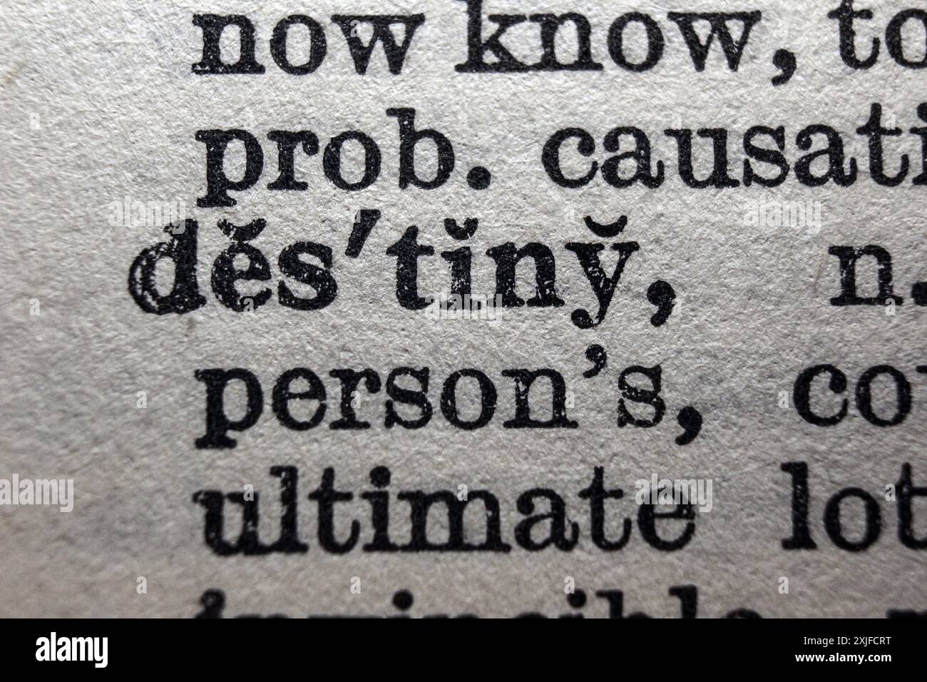 Destin de mot sur la page du dictionnaire, macro gros plan Banque D'Images