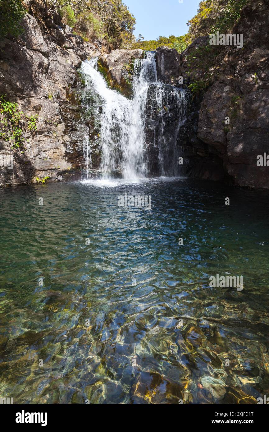 Photo verticale de cascade à Calheta Levada. Paysage de l'île de Madère, Portugal Banque D'Images