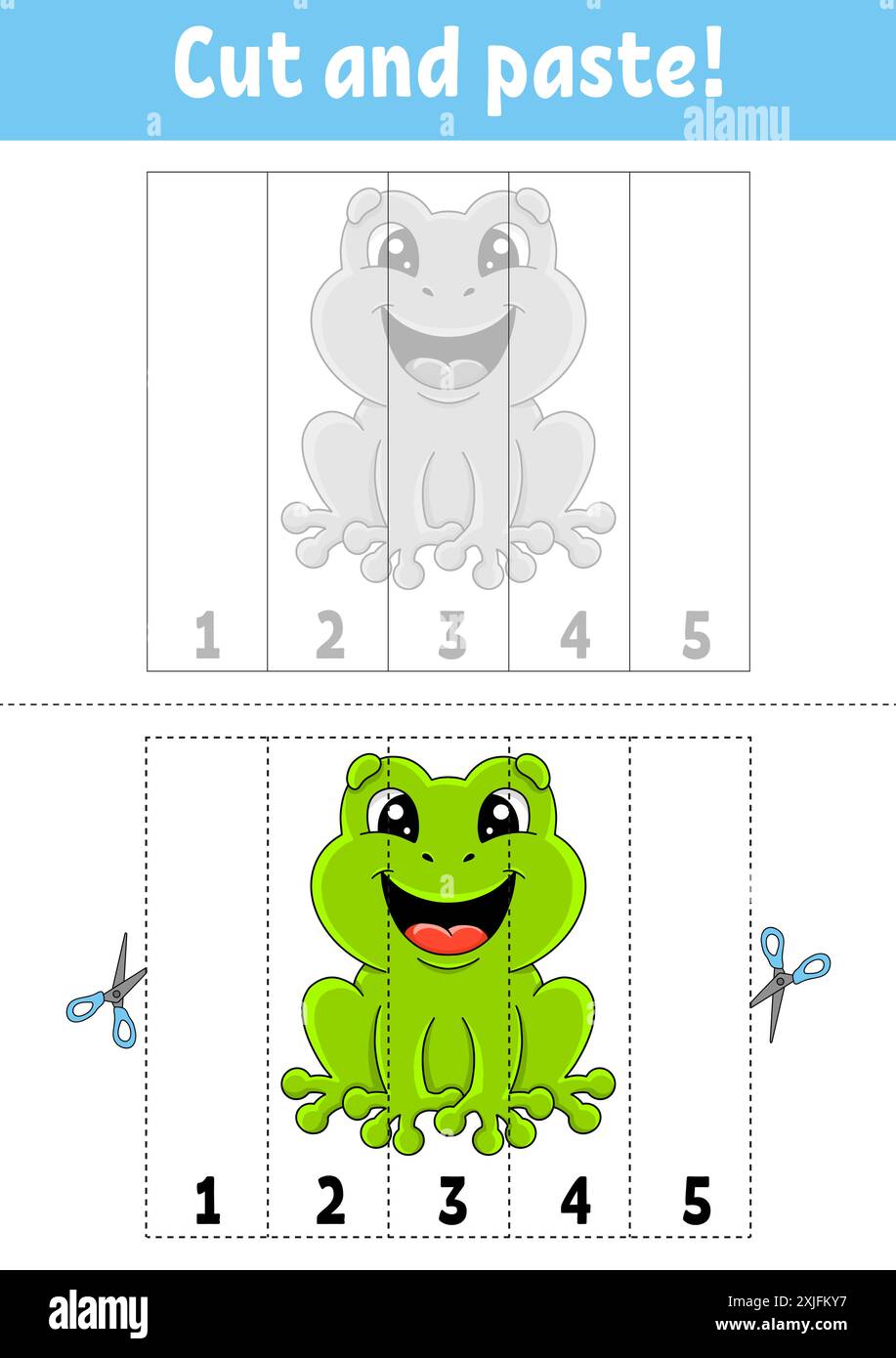 Apprendre les chiffres 1 à 5. Couper et coller. personnage de dessin animé. Feuille de travail de développement de l'éducation. Jeu pour enfants. Page activité. Illustration vectorielle. Illustration de Vecteur