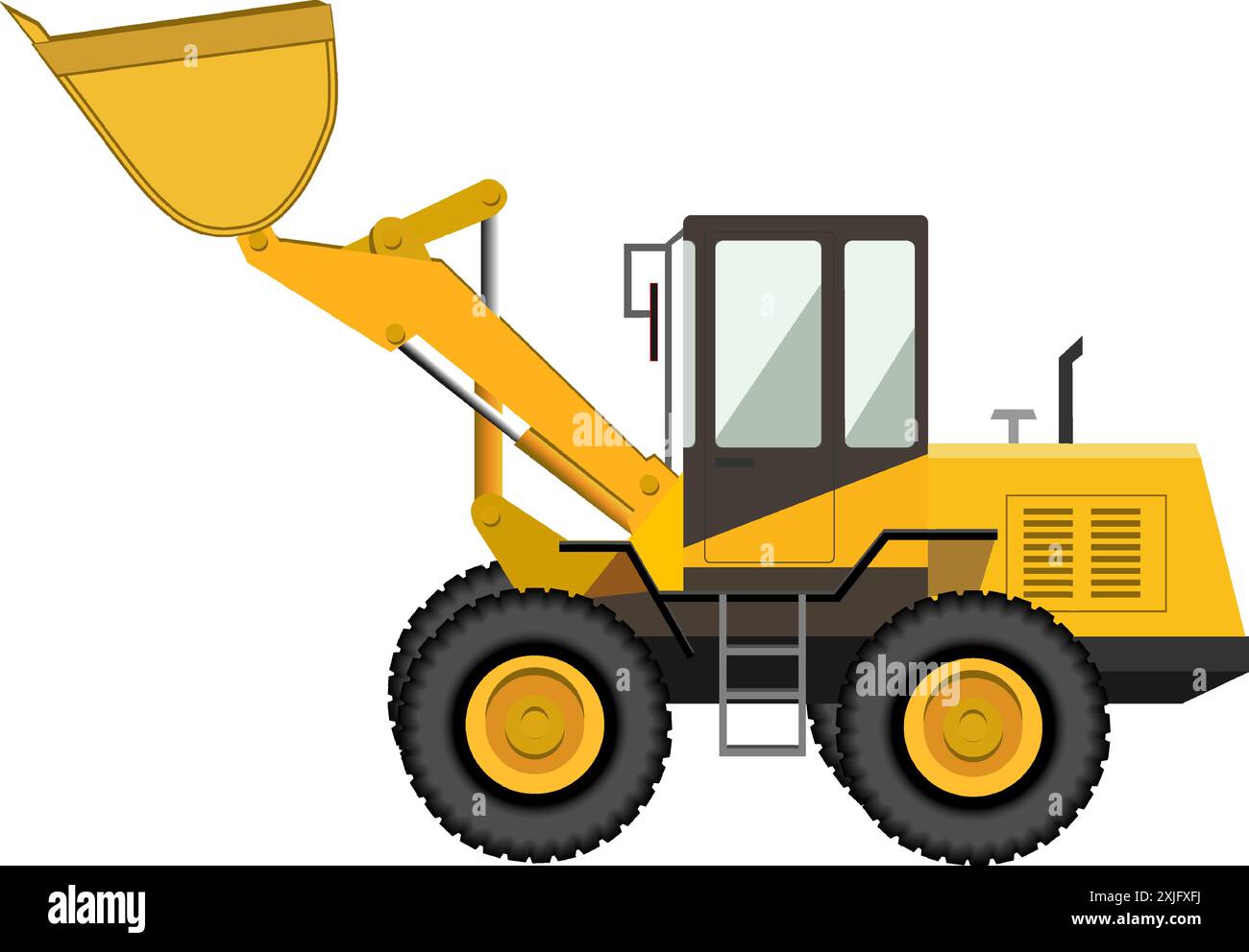 Excavatrice jaune avec un godet sur roues. Machines industrielles. Machine de construction. Illustration vectorielle. Isolé sur fond blanc. Illustration de Vecteur