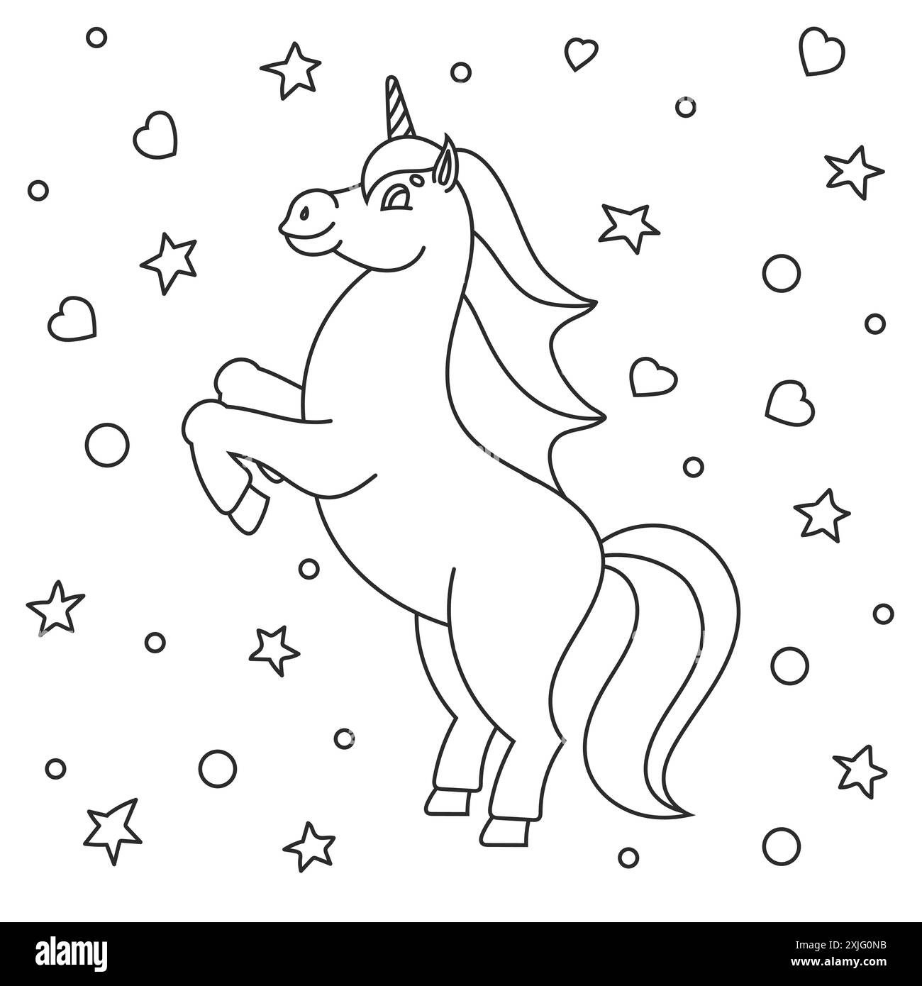 Livre de coloriage pour enfants. La licorne magique s'éleva. Le cheval animal se tient sur ses pattes arrière. Style dessin animé. Illustration vectorielle plate simple. Illustration de Vecteur