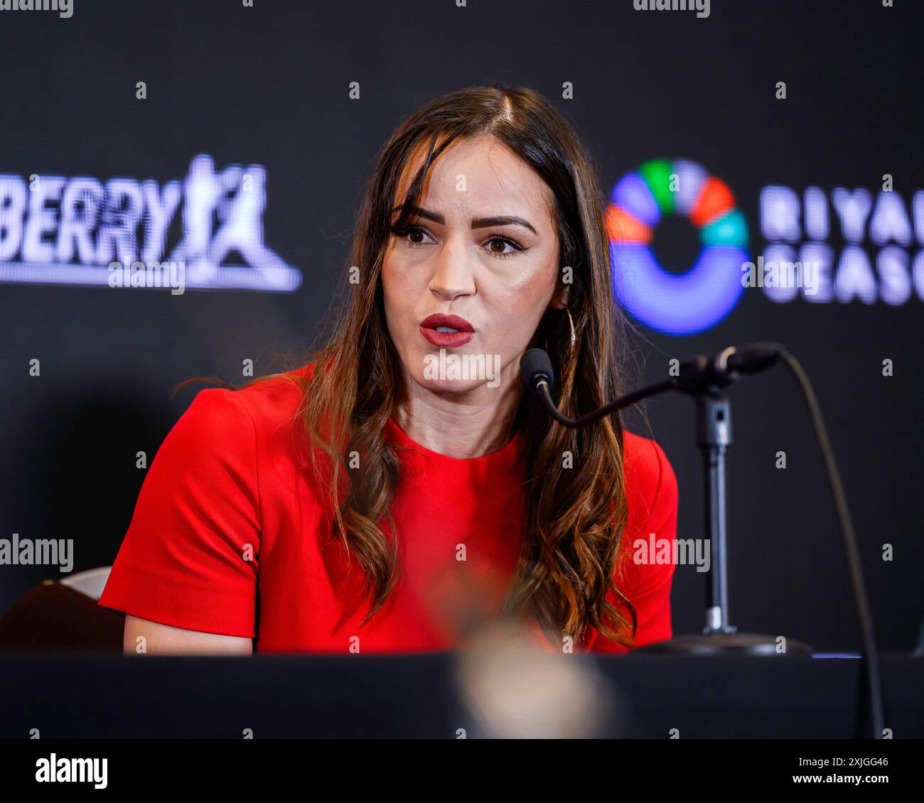 BIRMINGHAM, ROYAUME-UNI. 18 juillet 24. Elhem Mekhaled lors de la conférence de presse finale Queensberry Magnificent 7 à Oasis suite, Crowne Plaza Birmingham NEC le jeudi 18 juillet 2024 à BIRMINGHAM, ANGLETERRE. Crédit : Taka G Wu/Alamy Live News Banque D'Images