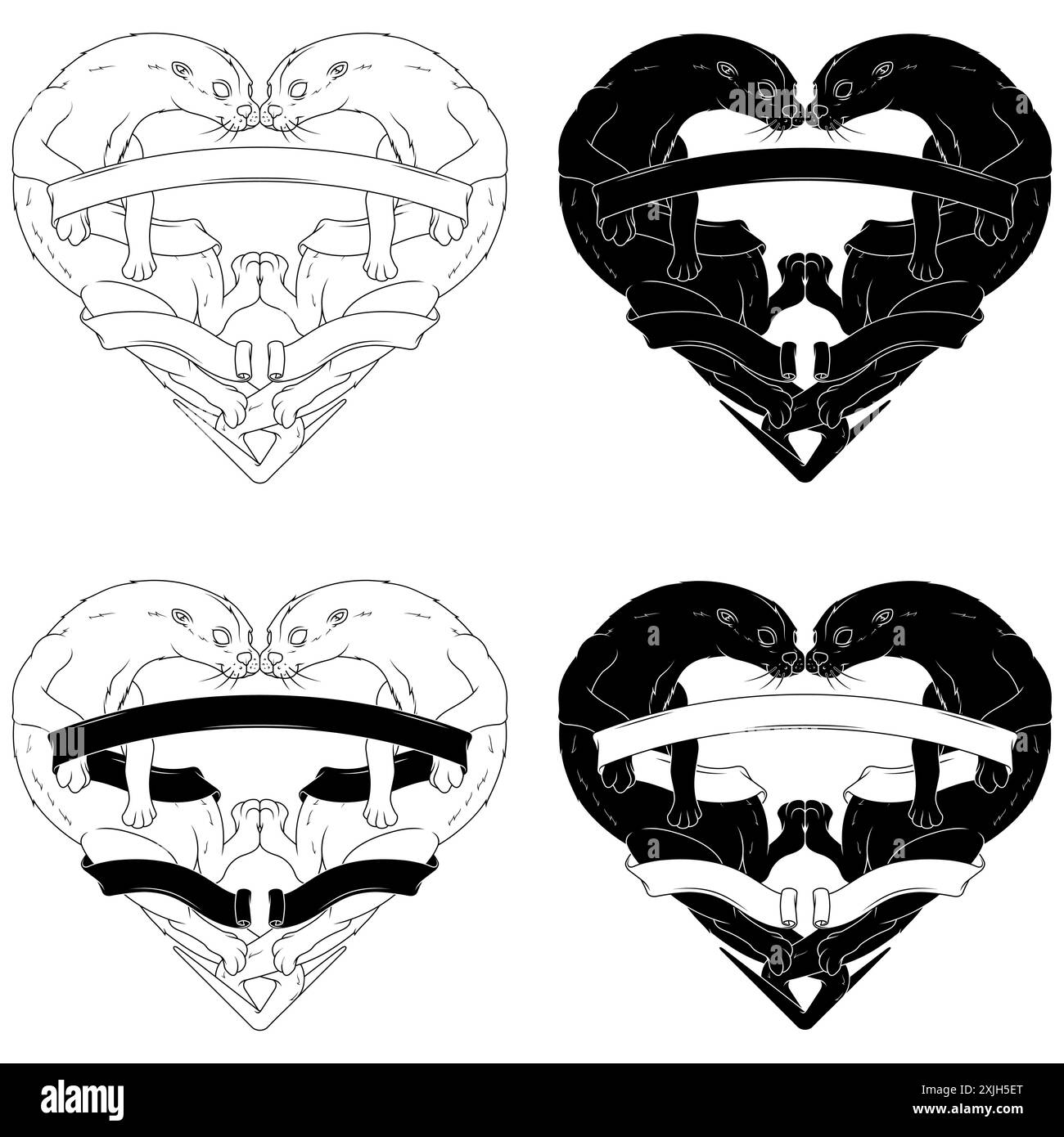 Conception vectorielle de couple de loutres en forme de coeur, symbole de la Saint-Valentin avec des animaux et ruban, amour de la nature avec un mammifère marin Illustration de Vecteur