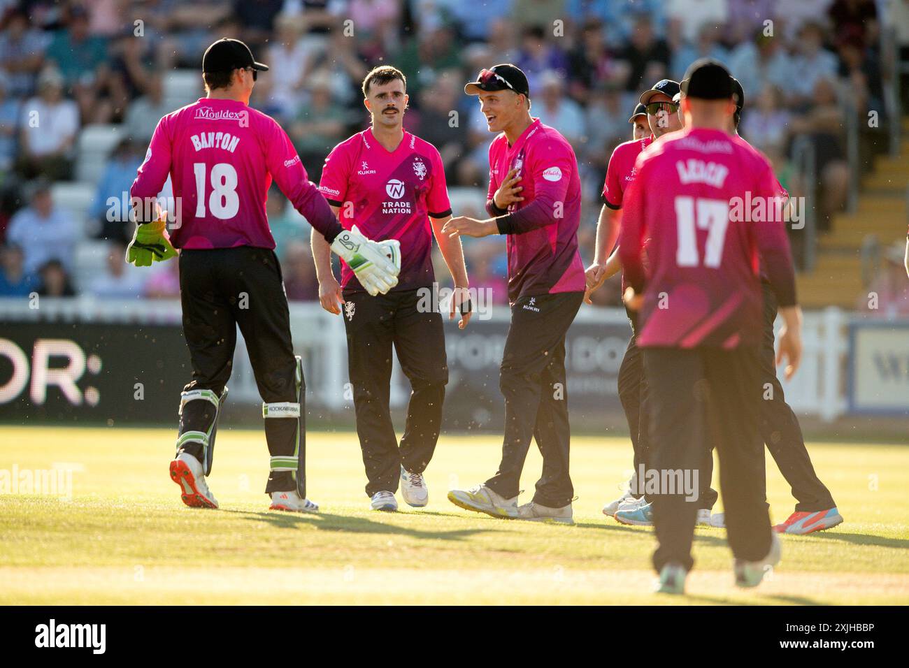 Taunton, Royaume-Uni. 18 juillet 2024. Les coéquipiers de JBen Green et Somerset célèbrent le guichet de Tom Clark lors du match Vitality Blast entre Somerset et Sussex Sharks au Cooper Associates County Ground. Crédit : Dave Vokes/Alamy Live News Banque D'Images