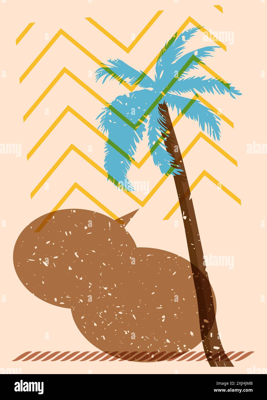 Risograph Palm Tree avec bulle de parole avec des formes géométriques. Les objets dans le graphique riso à la mode impriment la conception de style de texture avec des éléments géométriques. Illustration de Vecteur