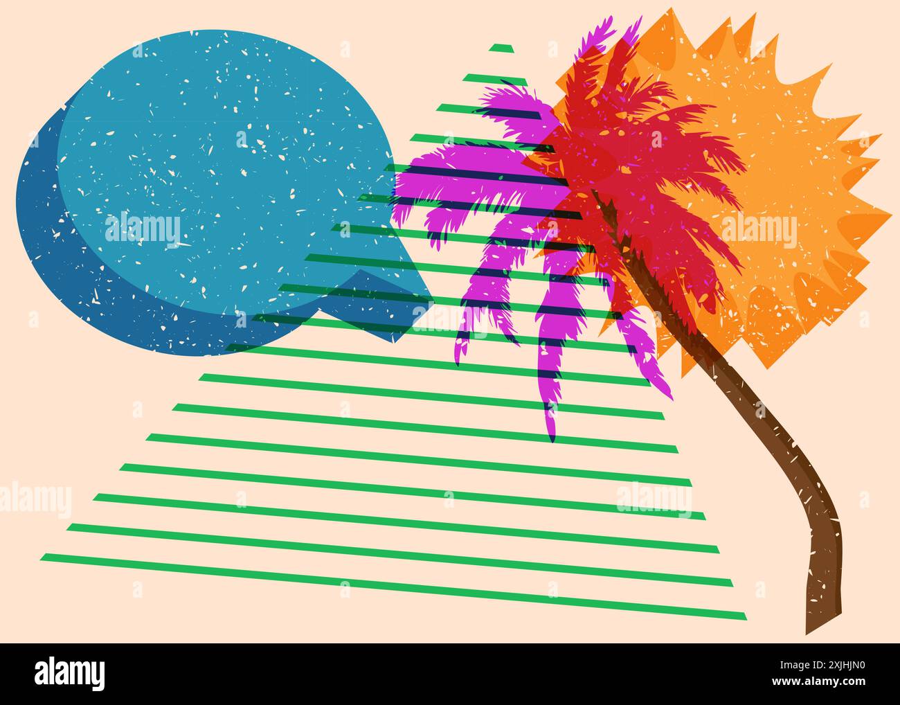 Risograph Palm Tree avec bulle de parole avec des formes géométriques. Les objets dans le graphique riso à la mode impriment la conception de style de texture avec des éléments géométriques. Illustration de Vecteur