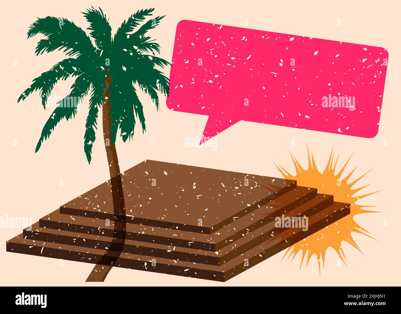 Risograph Palm Tree avec bulle de parole avec des formes géométriques. Les objets dans le graphique riso à la mode impriment la conception de style de texture avec des éléments géométriques. Illustration de Vecteur