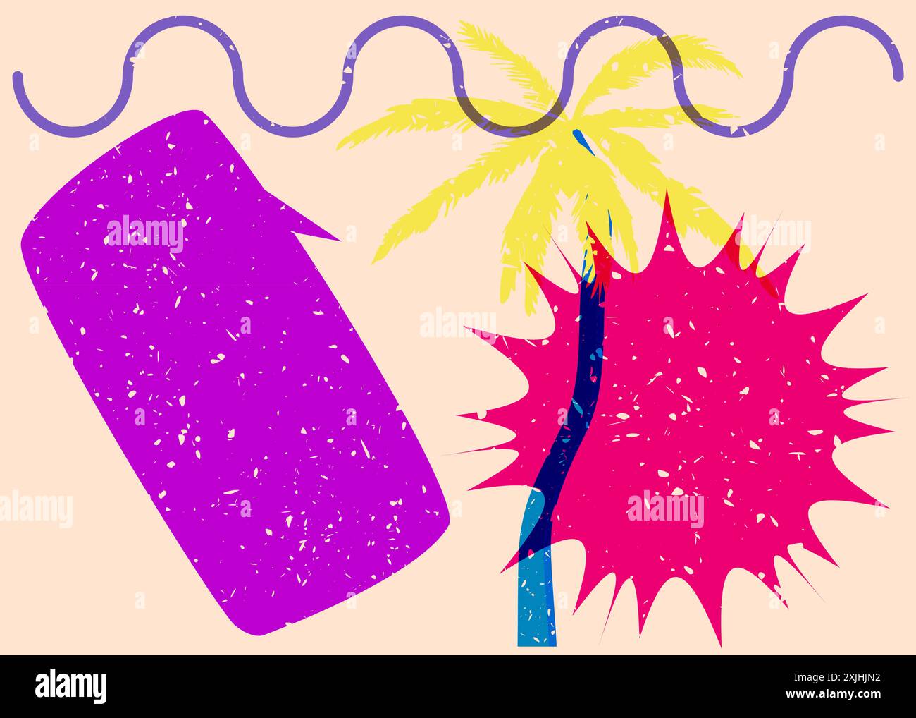 Risograph Palm Tree avec bulle de parole avec des formes géométriques. Les objets dans le graphique riso à la mode impriment la conception de style de texture avec des éléments géométriques. Illustration de Vecteur