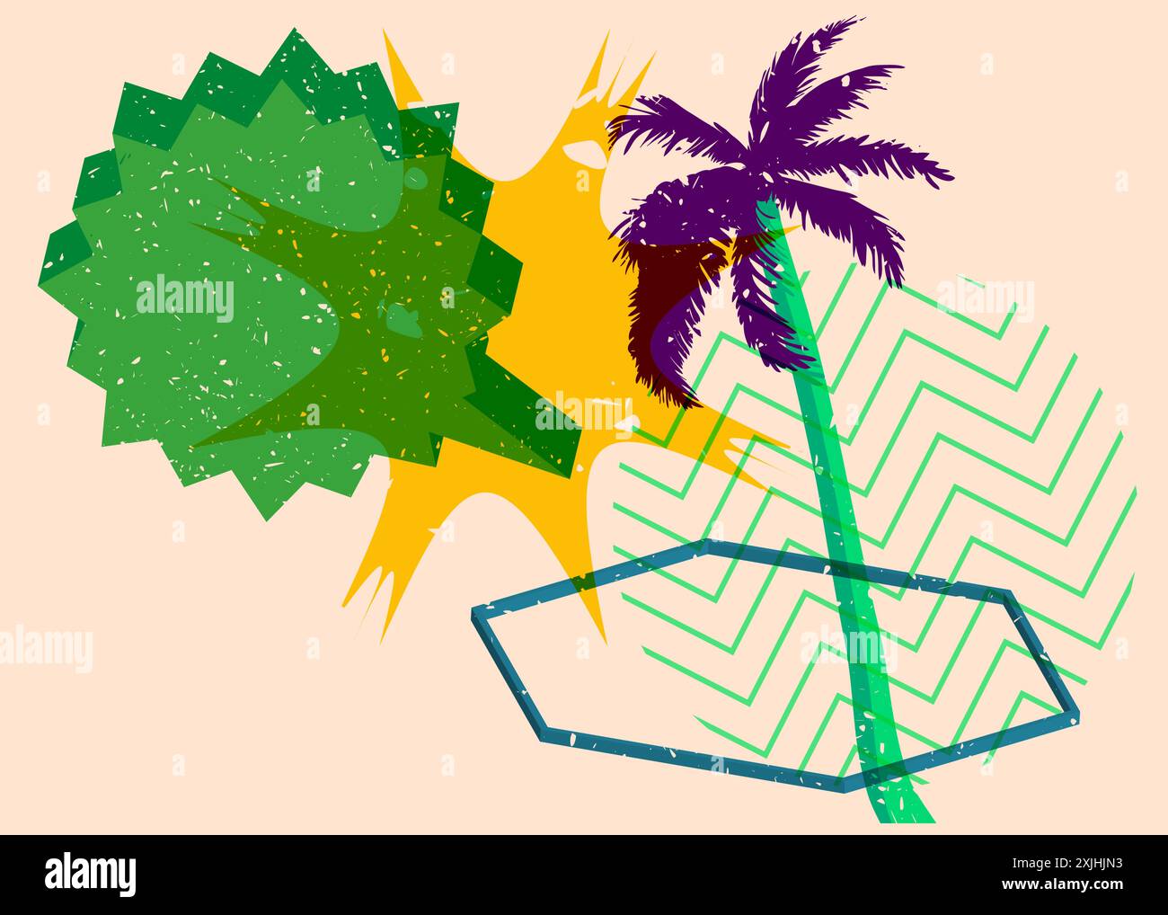 Risograph Palm Tree avec bulle de parole avec des formes géométriques. Les objets dans le graphique riso à la mode impriment la conception de style de texture avec des éléments géométriques. Illustration de Vecteur