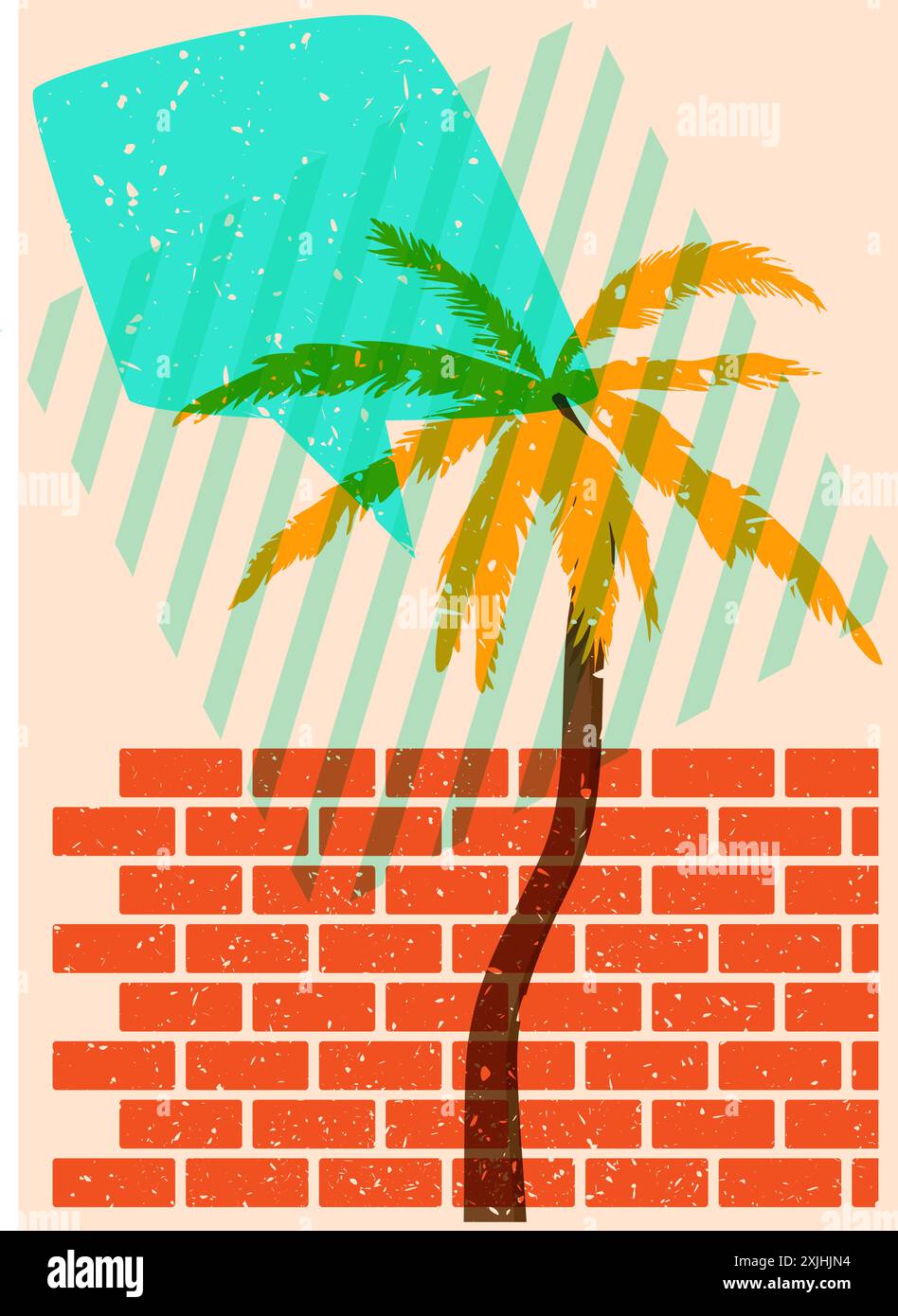 Risograph Palm Tree avec bulle de parole avec des formes géométriques. Les objets dans le graphique riso à la mode impriment la conception de style de texture avec des éléments géométriques. Illustration de Vecteur