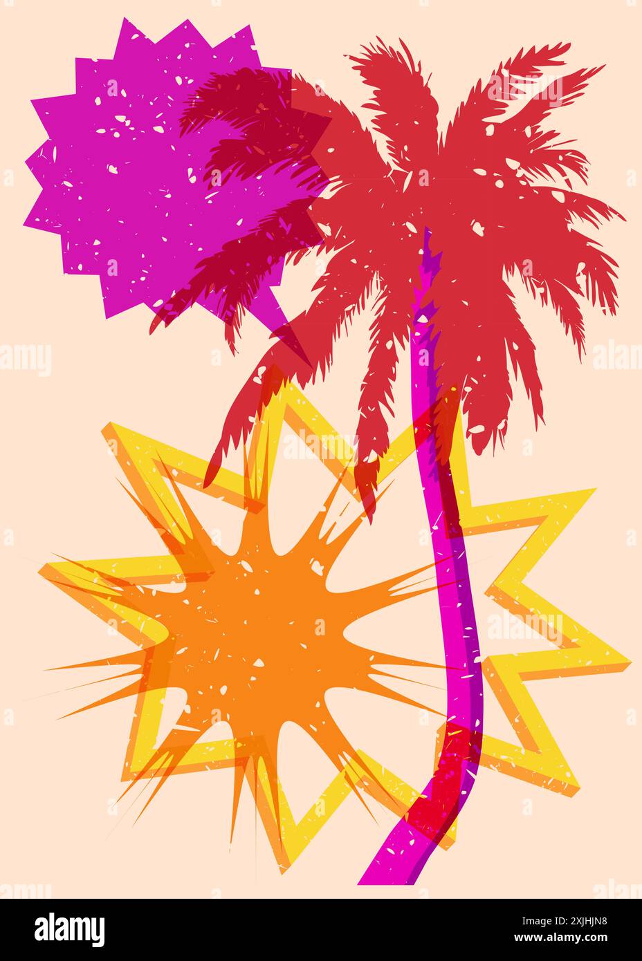 Risograph Palm Tree avec bulle de parole avec des formes géométriques. Les objets dans le graphique riso à la mode impriment la conception de style de texture avec des éléments géométriques. Illustration de Vecteur
