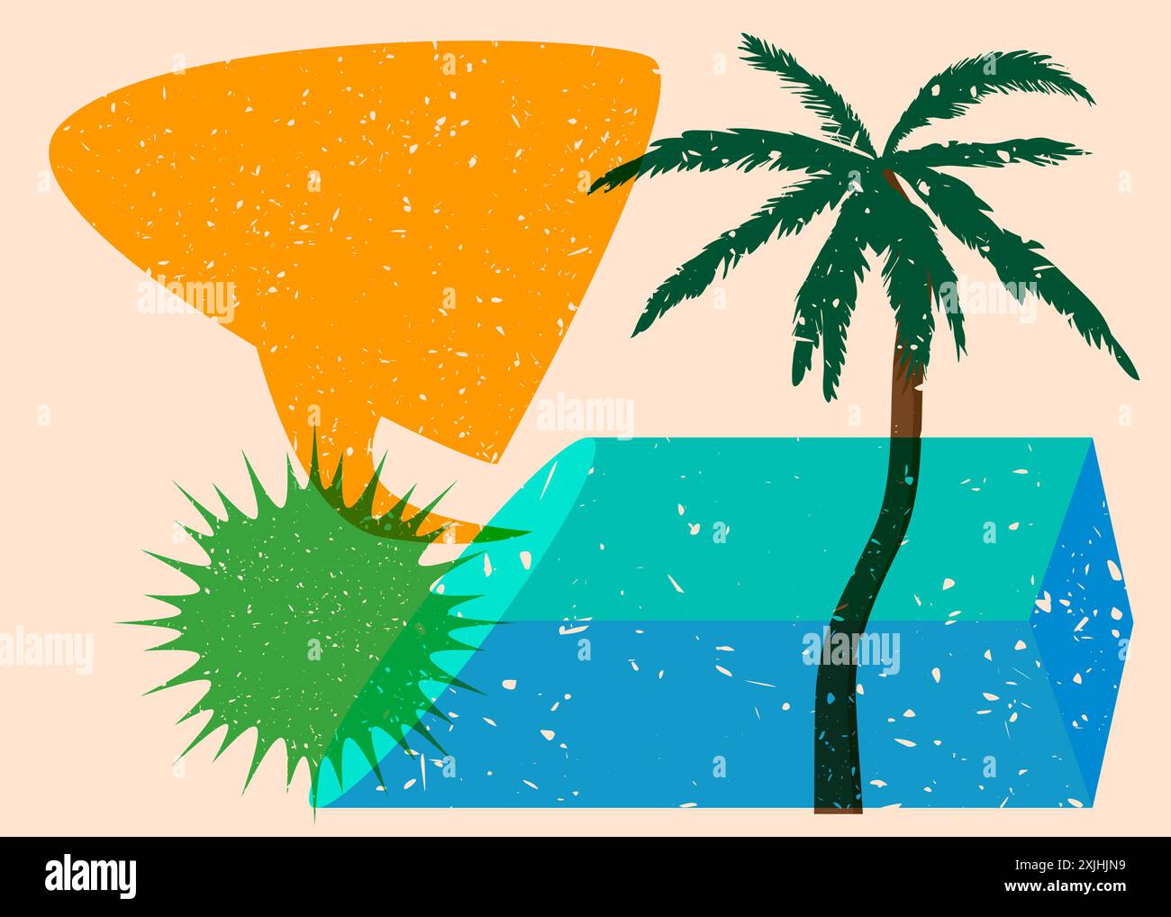 Risograph Palm Tree avec bulle de parole avec des formes géométriques. Les objets dans le graphique riso à la mode impriment la conception de style de texture avec des éléments géométriques. Illustration de Vecteur