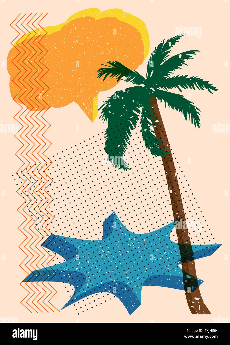 Risograph Palm Tree avec bulle de parole avec des formes géométriques. Les objets dans le graphique riso à la mode impriment la conception de style de texture avec des éléments géométriques. Illustration de Vecteur